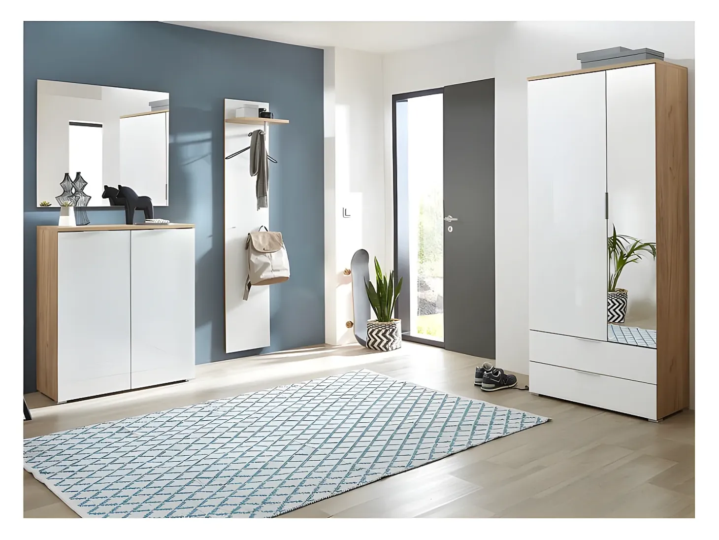 Armario de recibidor escandinavo con espacio para colgar y espejo 196x84x40cm Rosvik