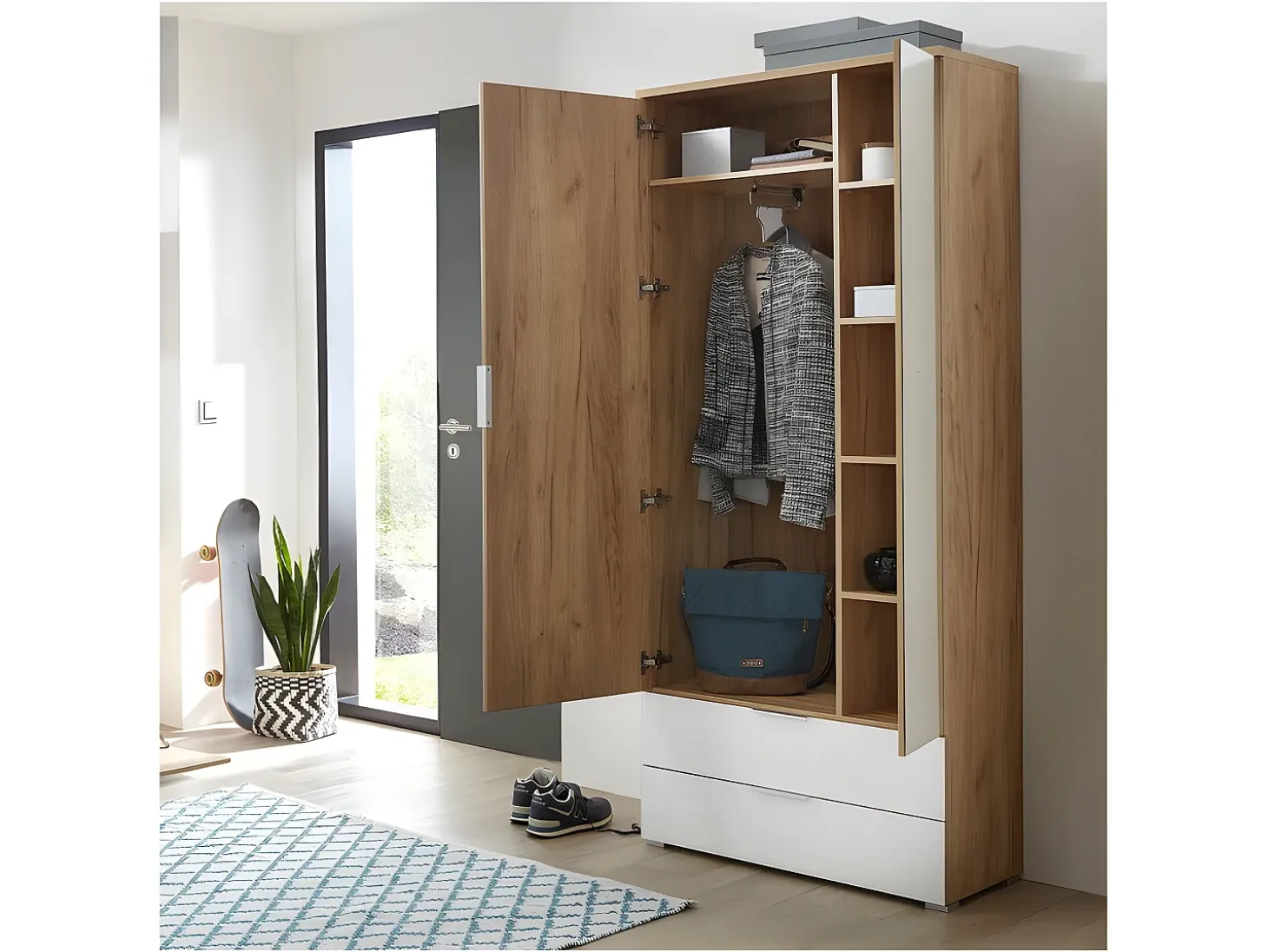 Armario de recibidor escandinavo con espacio para colgar y espejo 196x84x40cm Rosvik