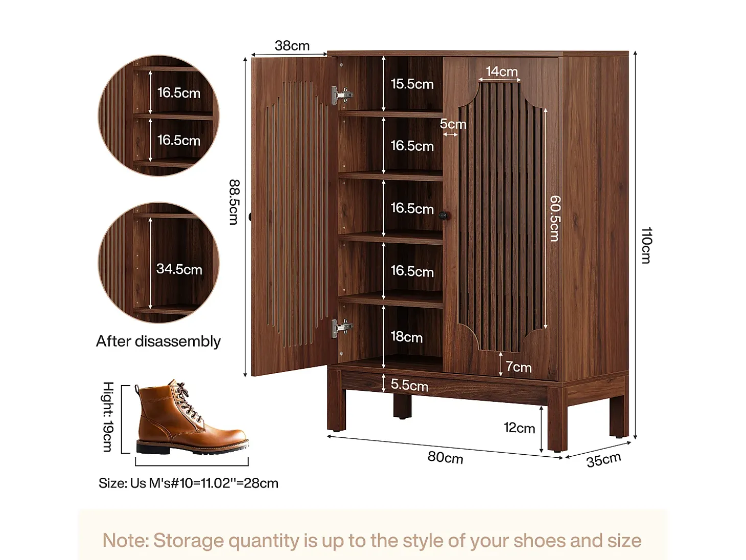 Armario de zapatos con puertas de listones, armario de zapatos de 5 niveles con estantes ajustables, estante de zapatos para 20 pares.