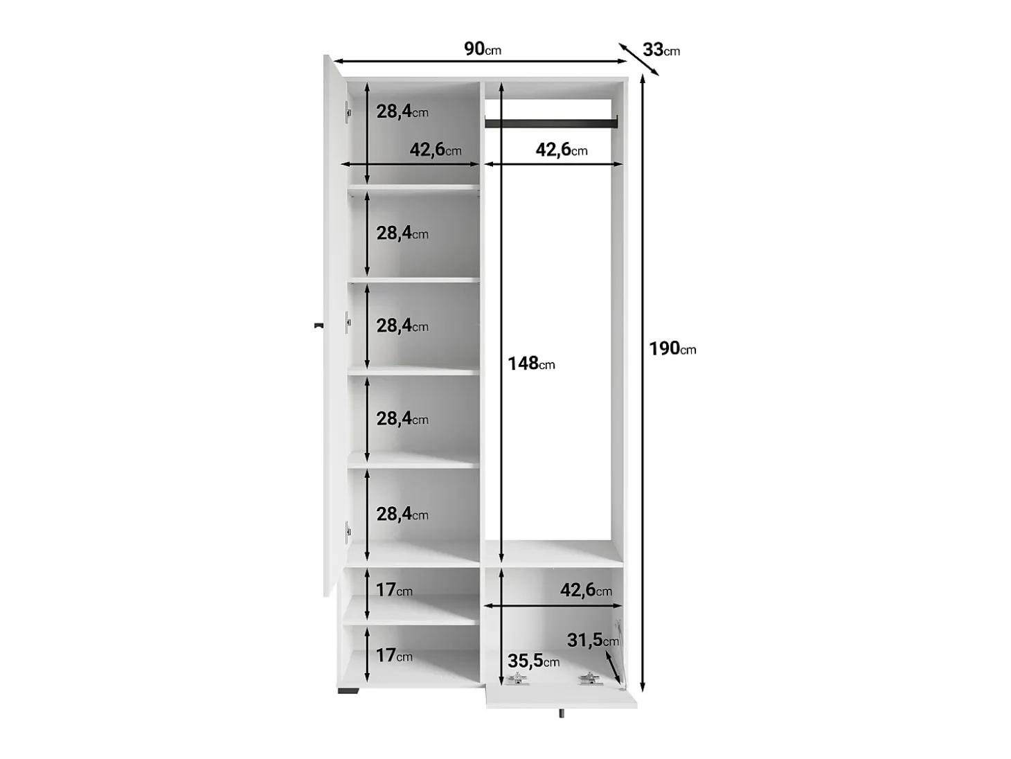Armario moderno 90 cm armario de entrada con espejo estantes y barra mate artisan blanco