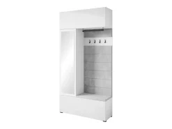 Armario moderno armario de entrada con espejo asiento y estantes frentes blanco brillo cuerpo blanco mate