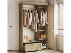 Armario moderno compacto - 115,5 x 38,5 x 194,5 cm - con espejo + espacio para colgar abierto + cajón + 2 puertas - MDF - natural