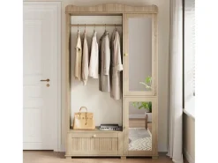 Armario moderno compacto - 115,5 x 38,5 x 194,5 cm - con espejo + espacio para colgar abierto + cajón + 2 puertas - MDF - natural