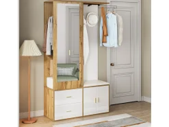 Armario multifunción con espejo, zapatero, banco de almacenaje y perchero extensible, Blanco y Madera (100x38x180 cm)