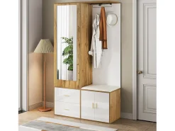 Armario multifunción con espejo, zapatero, banco de almacenaje y perchero extensible, Blanco y Madera (100x38x180 cm)
