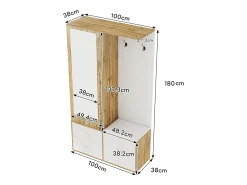 Armario multifunción con espejo, zapatero, banco de almacenaje y perchero extensible, Blanco y Madera (100x38x180 cm)
