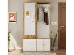 Armario multifunción con espejo, zapatero, banco de almacenaje y perchero extensible, Blanco y Madera (100x38x180 cm)