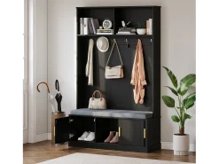 Armario negro con 3 puertas, banco zapatero y 6 ganchos, sencillo y versátil 120×40×191 cm