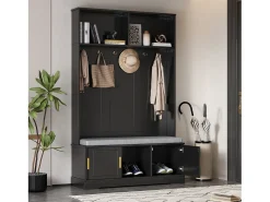 Armario negro con 3 puertas, banco zapatero y 6 ganchos, sencillo y versátil 120×40×191 cm