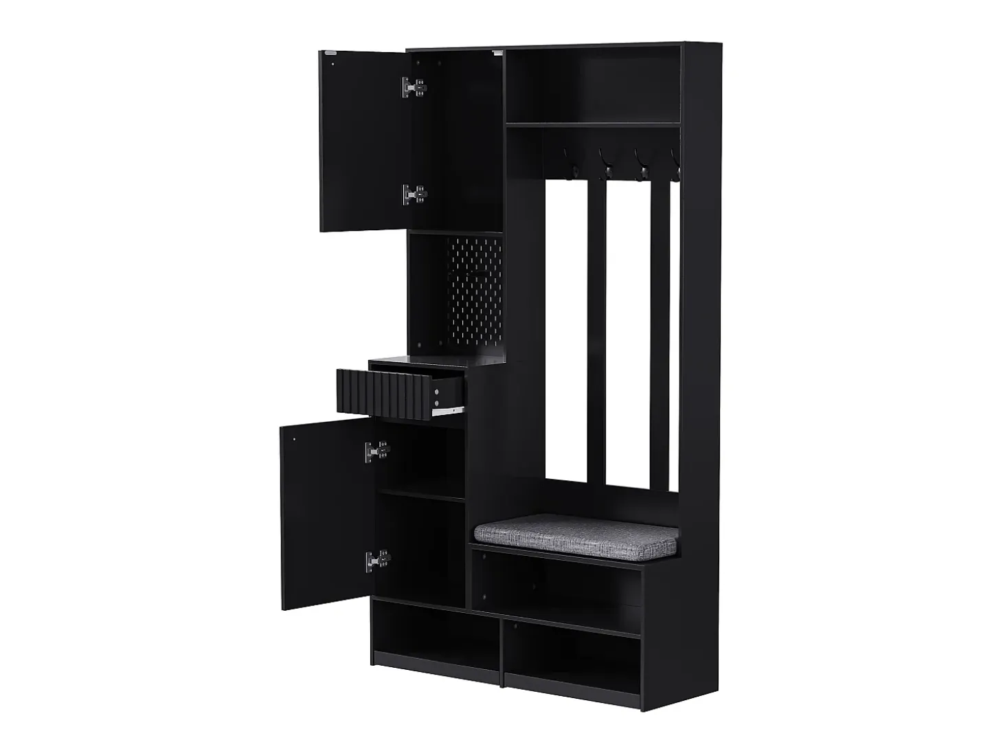 Armario negro con 2 puertas, 1 cajón, 4 ganchos y 1 banco, 100x30x180cm