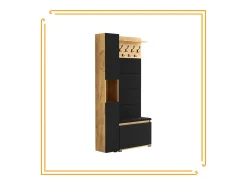 Armario para el recibidor con asiento, perchero, panel tapizado en Dorado Craft y Negro