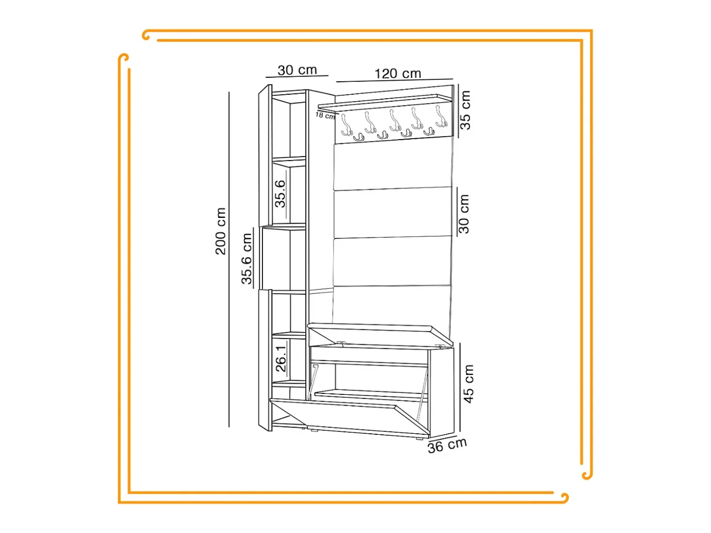 Armario para el recibidor con asiento, perchero, panel tapizado en Dorado Craft y Negro