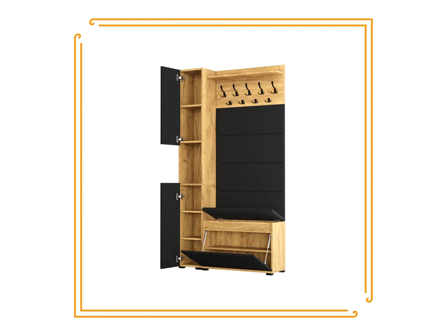 Armario para el recibidor con asiento, perchero, panel tapizado en Dorado Craft y Negro