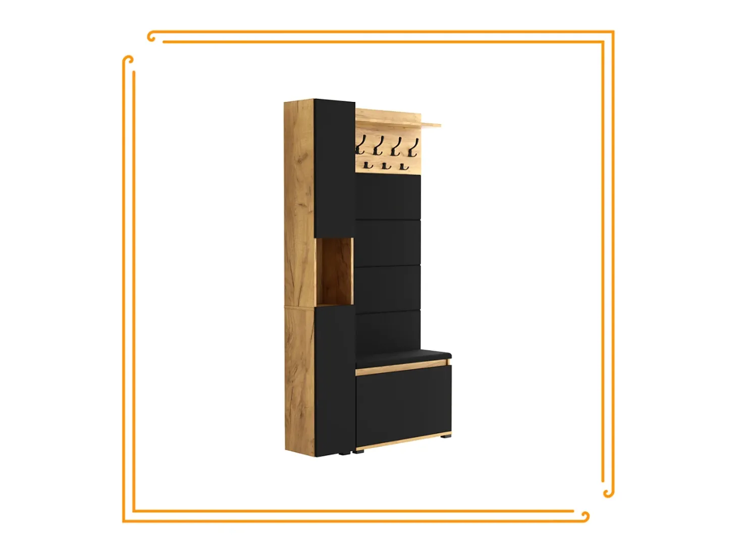 Armario para el recibidor con asiento, perchero, panel tapizado en Dorado Craft y Negro
