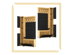 Armario para el recibidor con asiento, perchero, panel tapizado en Dorado Craft y Negro
