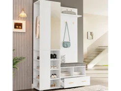 Armario/perchero - 120 x 35 x 190 cm - con banco zapatero + 3 ganchos + espejo + cajones - aglomerado - blanco