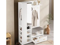 Armario/perchero - 120 x 35 x 190 cm - con banco zapatero + 3 ganchos + espejo + cajones - aglomerado - blanco