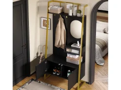 Armario/trastero con espejo + zapatero - ganchos metálicos - 78 x 38,5 x 180,5 cm - MDF - negro