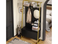 Armario/trastero con espejo + zapatero - ganchos metálicos - 78 x 38,5 x 180,5 cm - MDF - negro