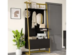 Armario/trastero con espejo + zapatero - ganchos metálicos - 78 x 38,5 x 180,5 cm - MDF - negro