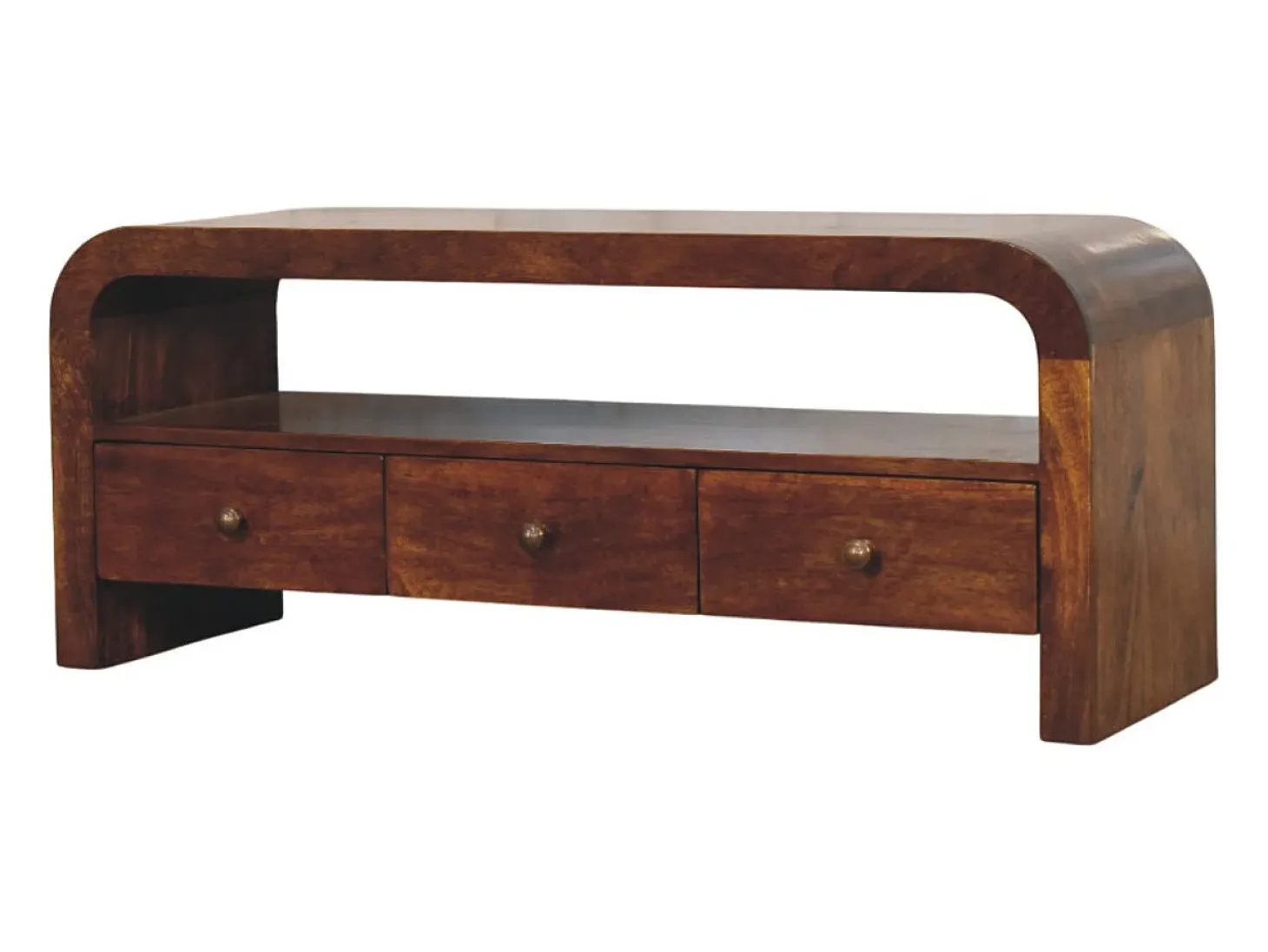 Artisan Furniture Madera maciza Unidad multimedia Darcy con 3 cajones y estantes abiertos, en castaño