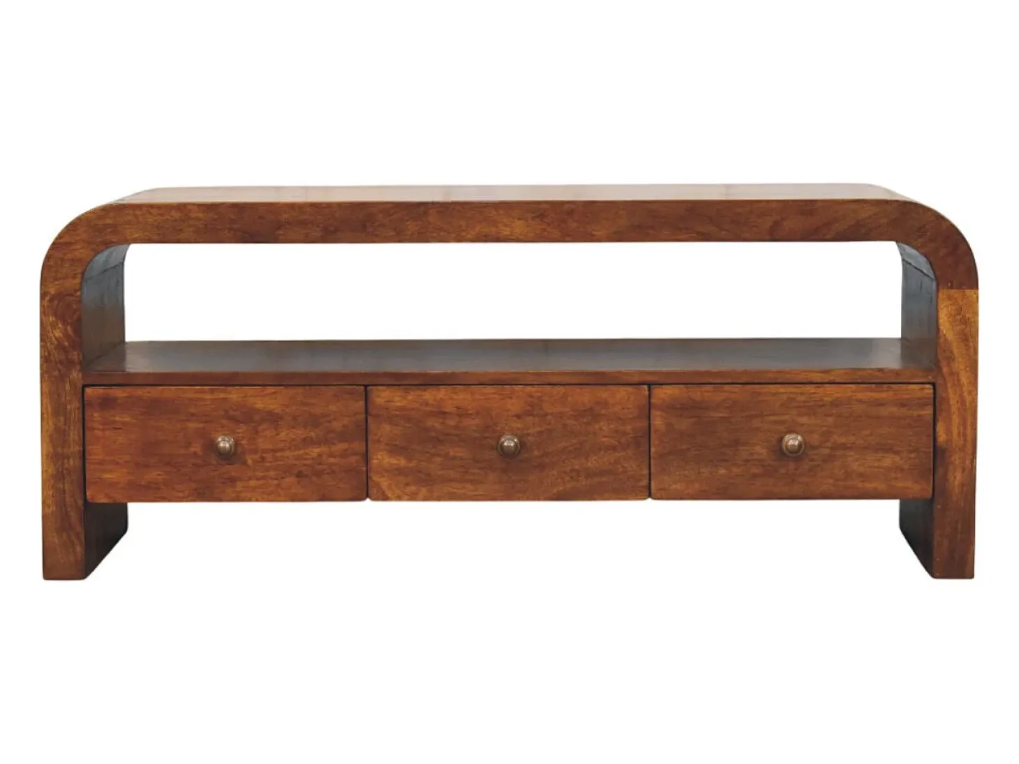 Artisan Furniture Madera maciza Unidad multimedia Darcy con 3 cajones y estantes abiertos, en castaño