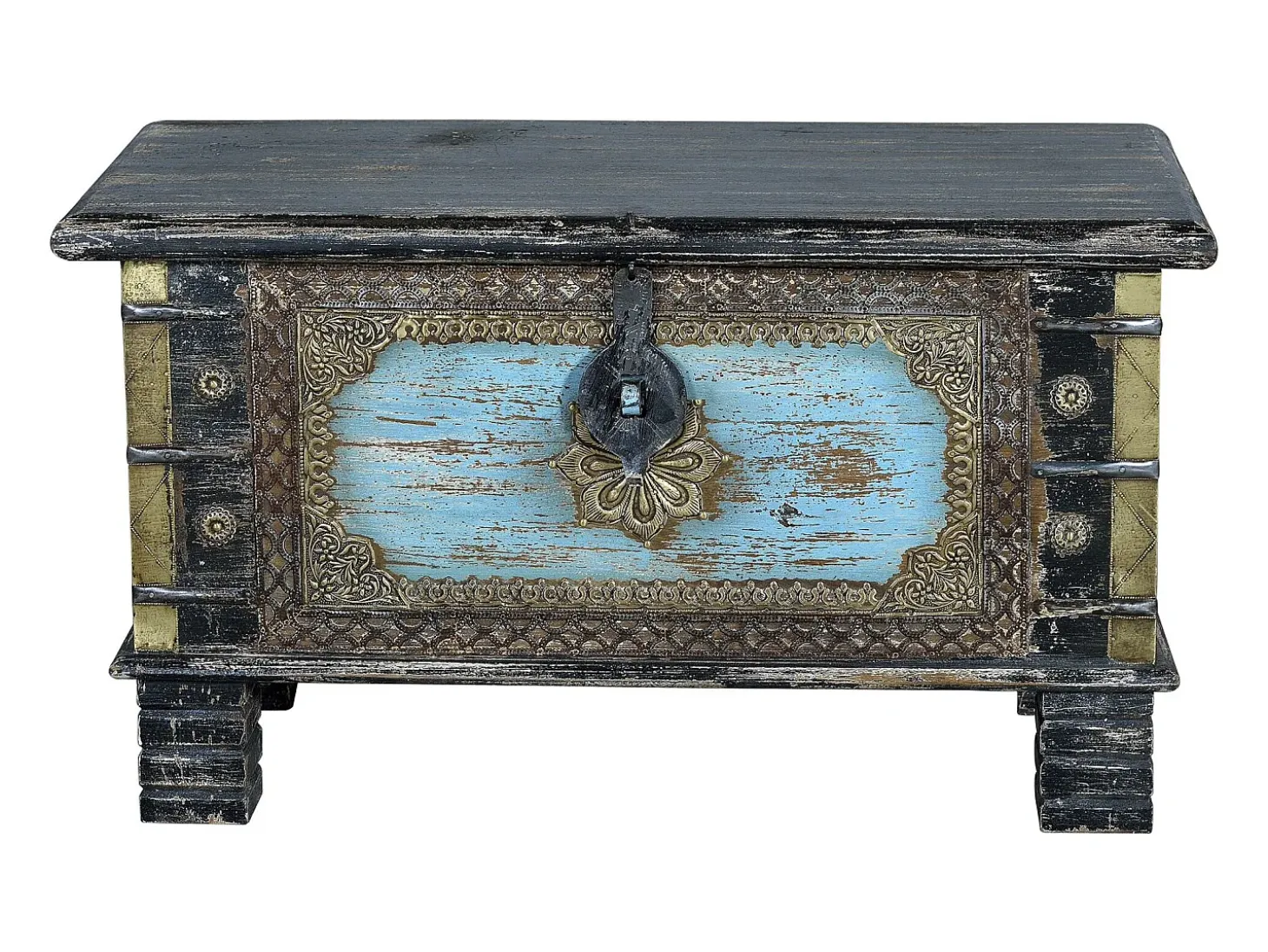 Baúl madera de mango negro envejecido ydetalles en azul
