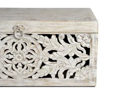 Baúl madera de mango y patas metal en blanco envejecido