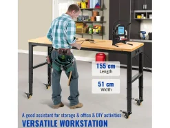 Bancada de Oficina Ajustable SucceBuy, 155x51x105 cm, Altura Ajustable 80-105 cm, con 4 Rodillos para Reparación y Bricolaje