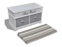 Banco baúl de madera y cojin gris, con cajones