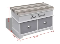 Banco baúl de madera y cojin gris, con cajones