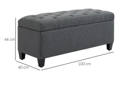 Banco con almacenaje y asiento tapizado, diseño clásico, poliéster y madera de caucho, gris oscuro (100x40x44cm)