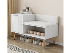 Banco de almacenaje moderno con respaldo, asiento de PU y 3 puertas de almacenaje, patas de metal, blanco (100x34x58 cm)