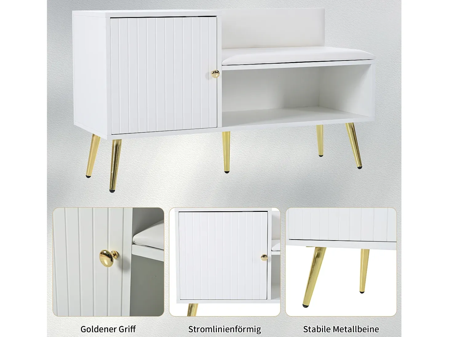 Banco de almacenaje moderno con respaldo, asiento de PU y 3 puertas de almacenaje, patas de metal, blanco (100x34x58 cm)