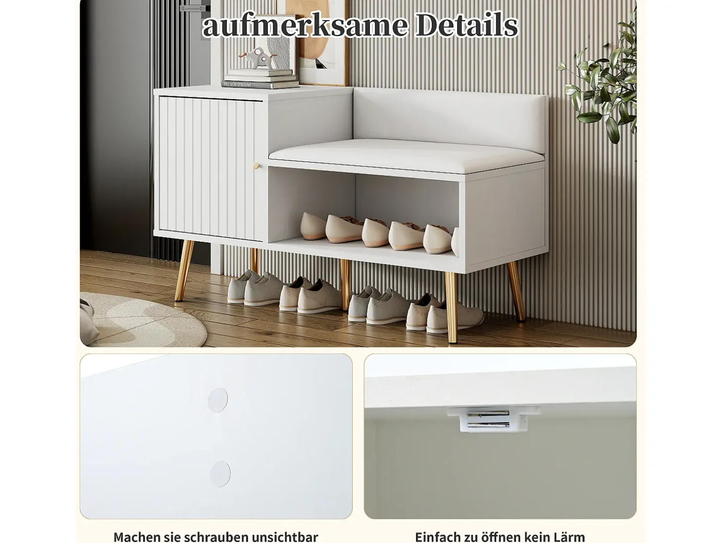 Banco de almacenaje moderno con respaldo, asiento de PU y 3 puertas de almacenaje, patas de metal, blanco (100x34x58 cm)
