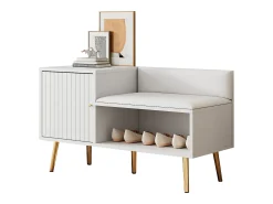Banco de almacenaje moderno con respaldo, asiento de PU y 3 puertas de almacenaje, patas de metal, blanco (100x34x58 cm)