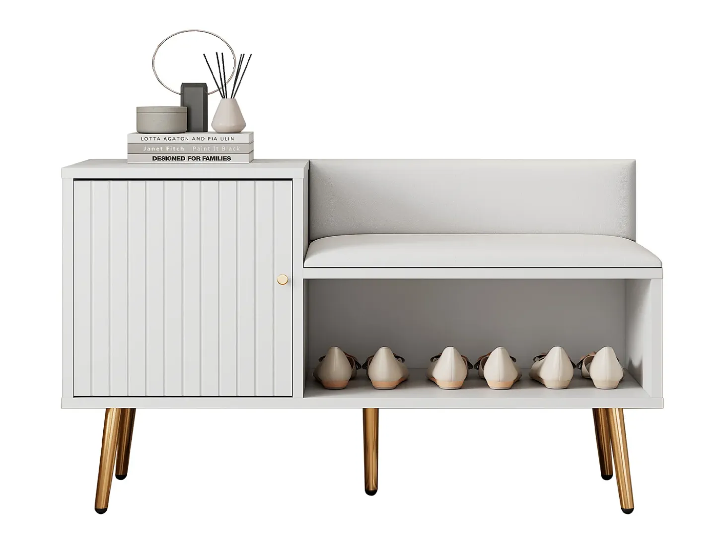 Banco de almacenaje moderno con respaldo, asiento de PU y 3 puertas de almacenaje, patas de metal, blanco (100x34x58 cm)