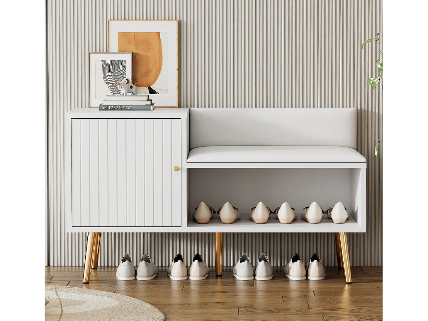 Banco de almacenaje moderno con respaldo, asiento de PU y 3 puertas de almacenaje, patas de metal, blanco (100x34x58 cm)