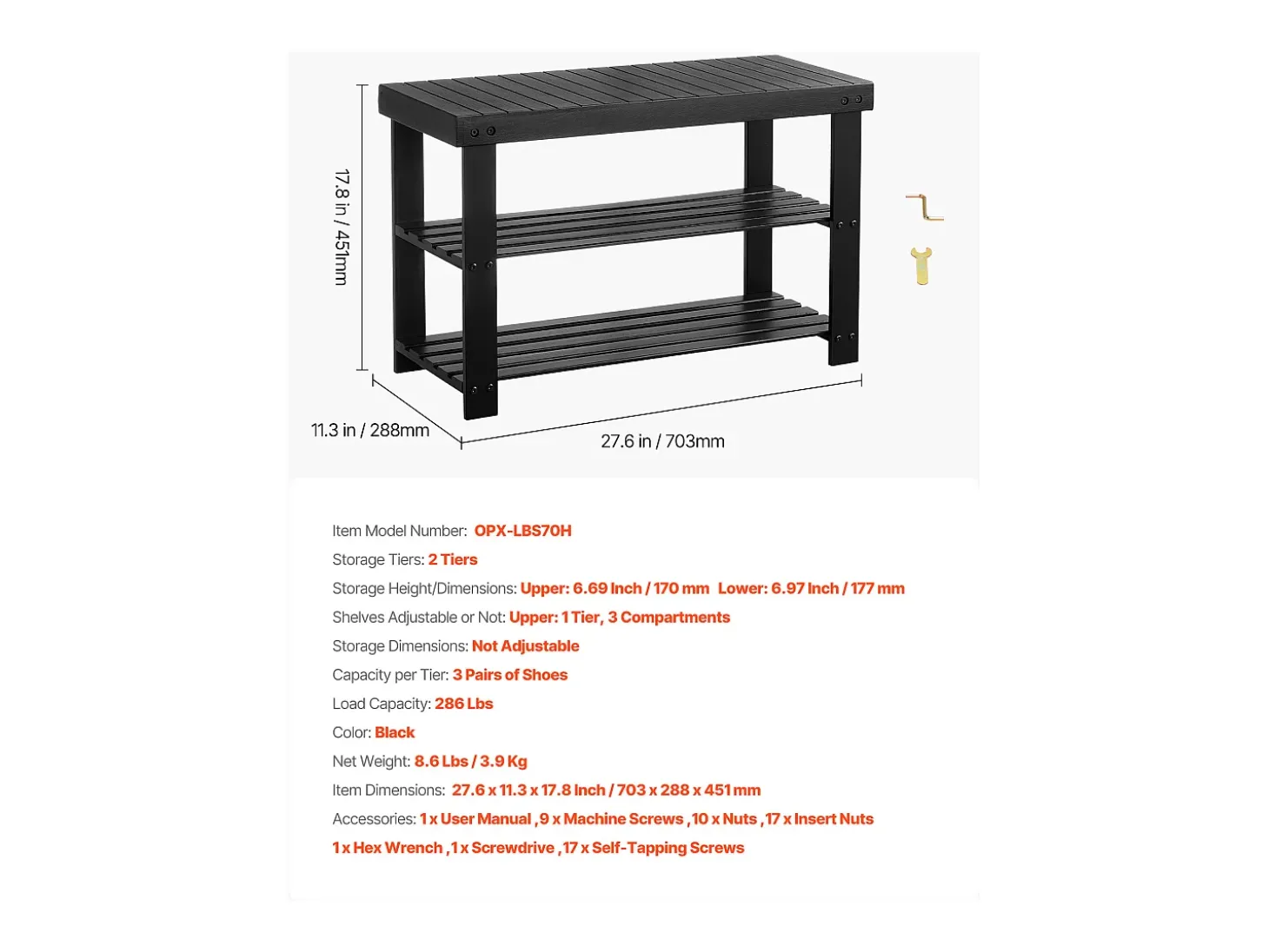Banco para Zapatos SucceBuy de 70.3 x 28.8 x 45.1 cm, Banco de Entrada Soporta hasta 129,7 kg, Almacenamiento para Zapatos Versátil a 3 Niveles, Negro