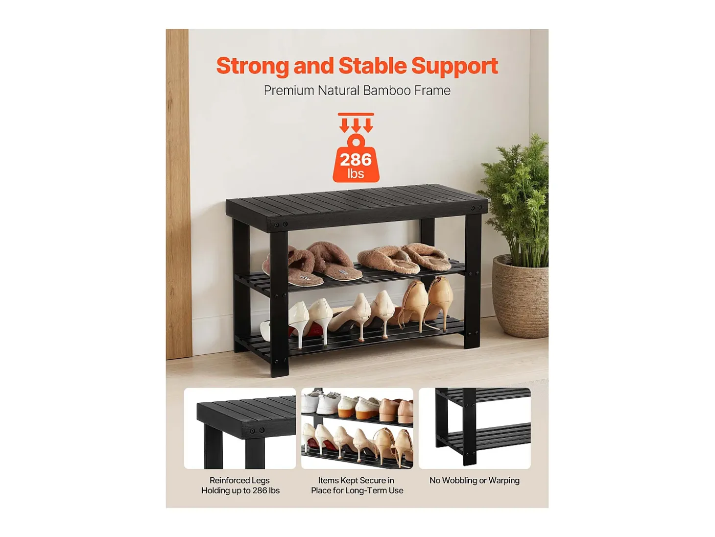 Banco para Zapatos SucceBuy de 70.3 x 28.8 x 45.1 cm, Banco de Entrada Soporta hasta 129,7 kg, Almacenamiento para Zapatos Versátil a 3 Niveles, Negro