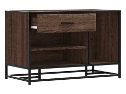 Banco zapatero de roble marrón fabricado con madera de ingeniería y metal.