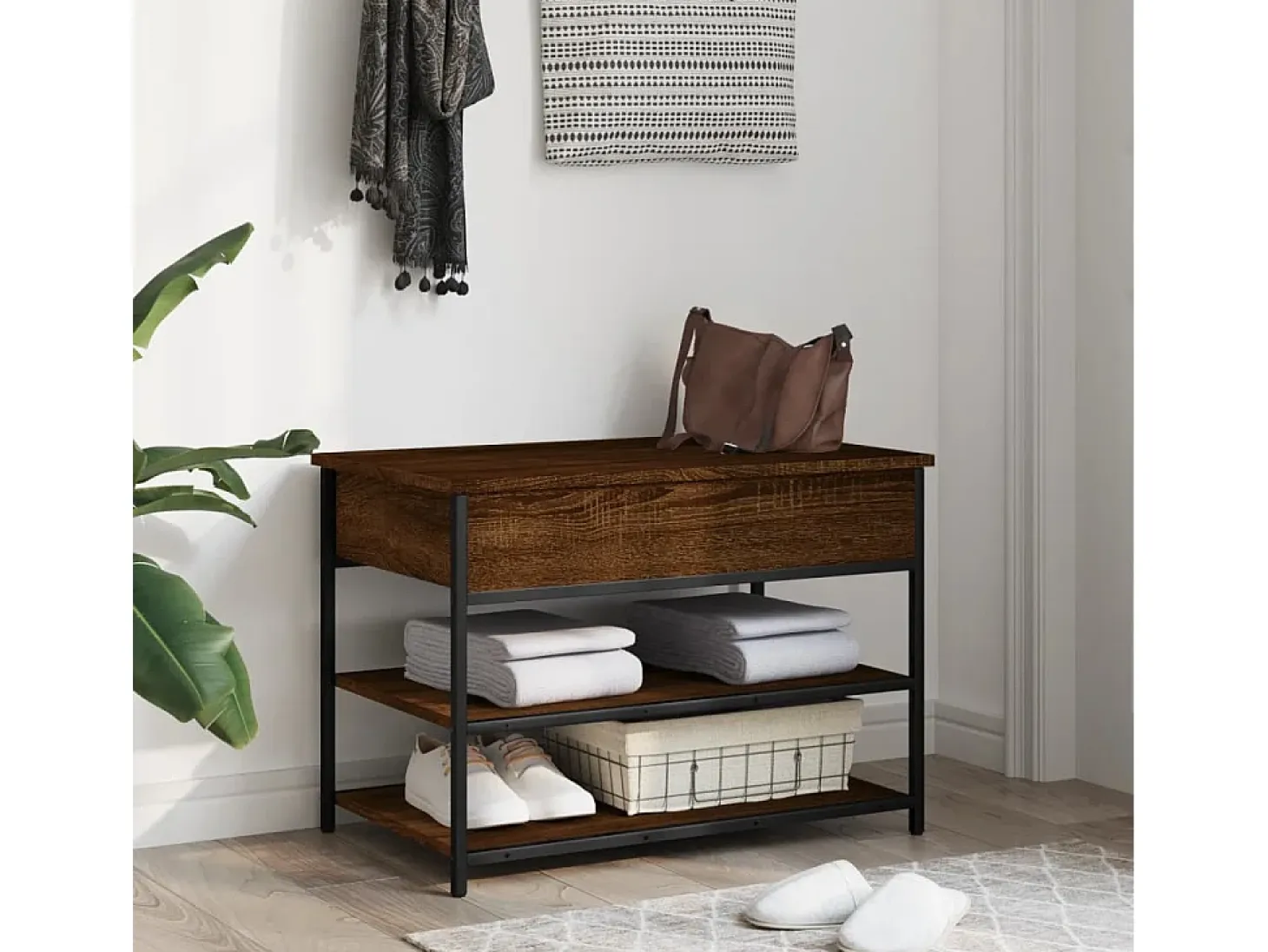 Banco zapatero madera de ingeniería roble ahumado 70x42,5x50 cm ES131685