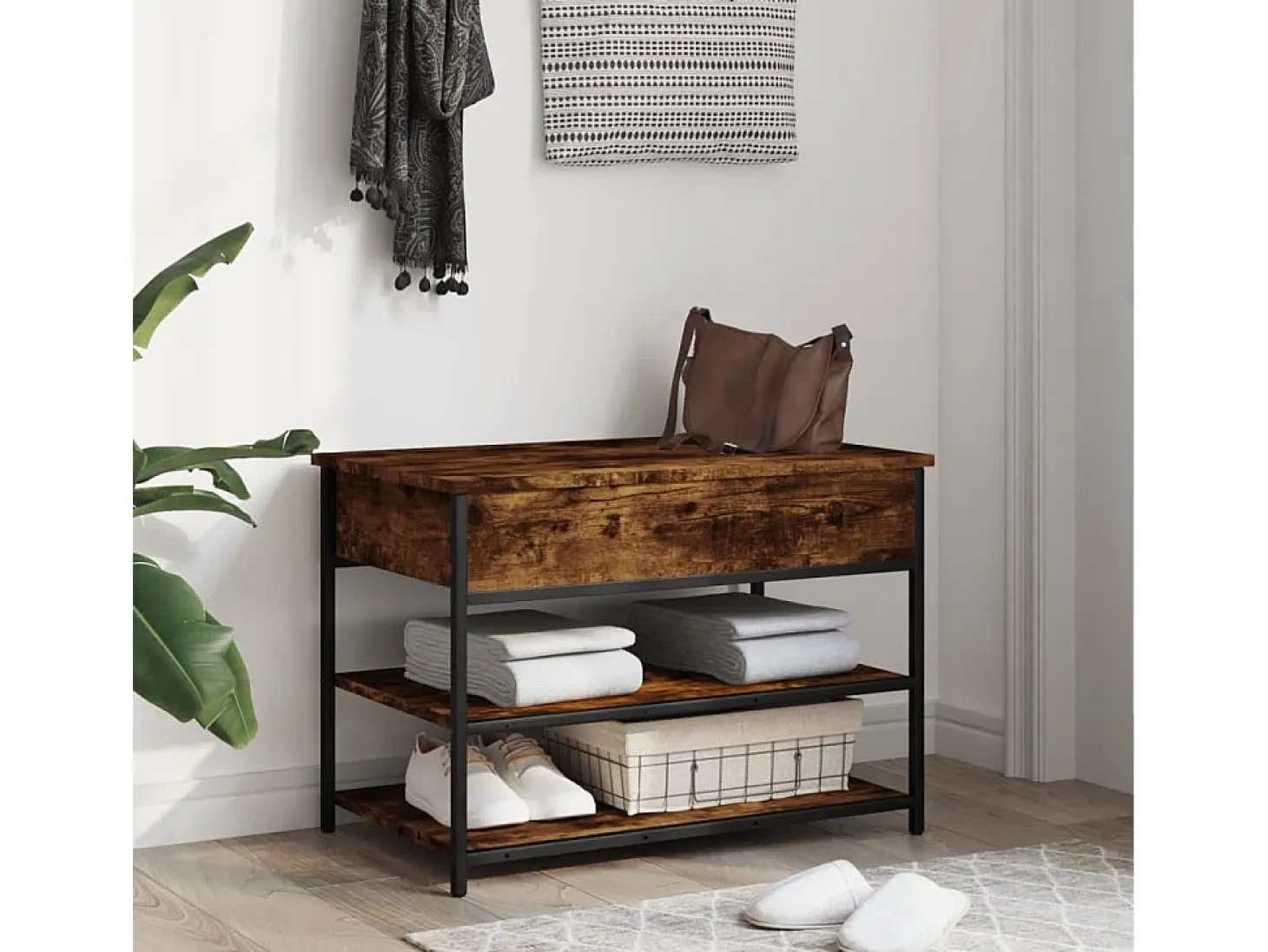 Banco zapatero madera de ingeniería roble ahumado 70x42,5x50 cm ES397375