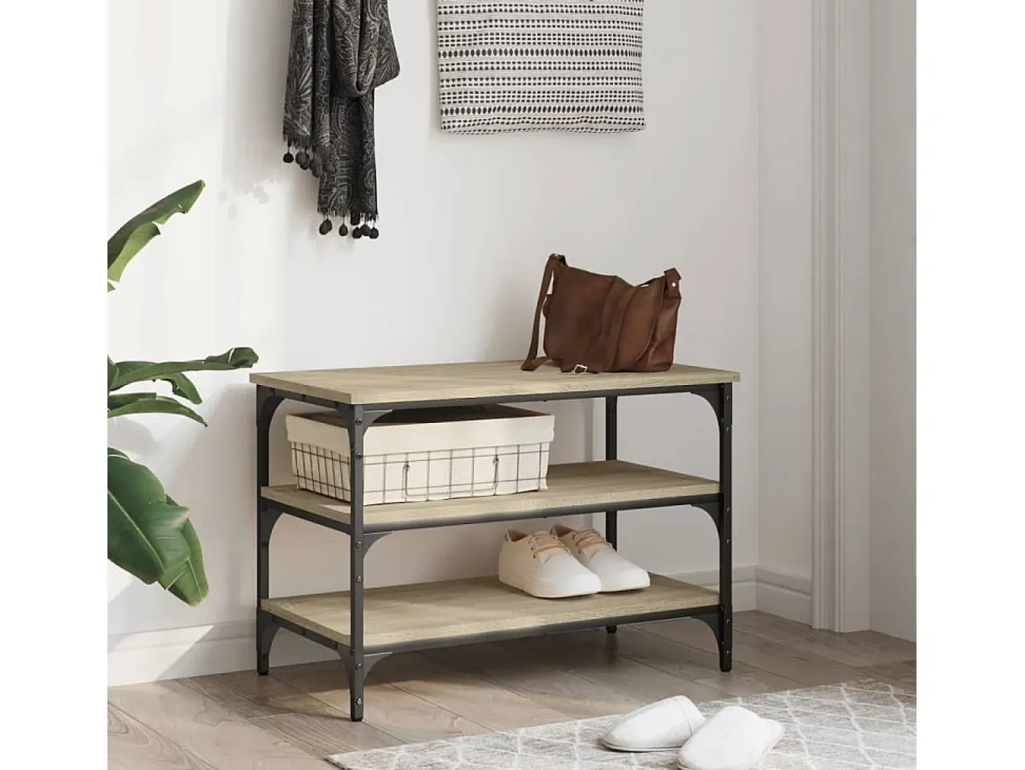 Banco zapatero madera de ingeniería roble Sonoma 70x38,5x49 cm ES742241