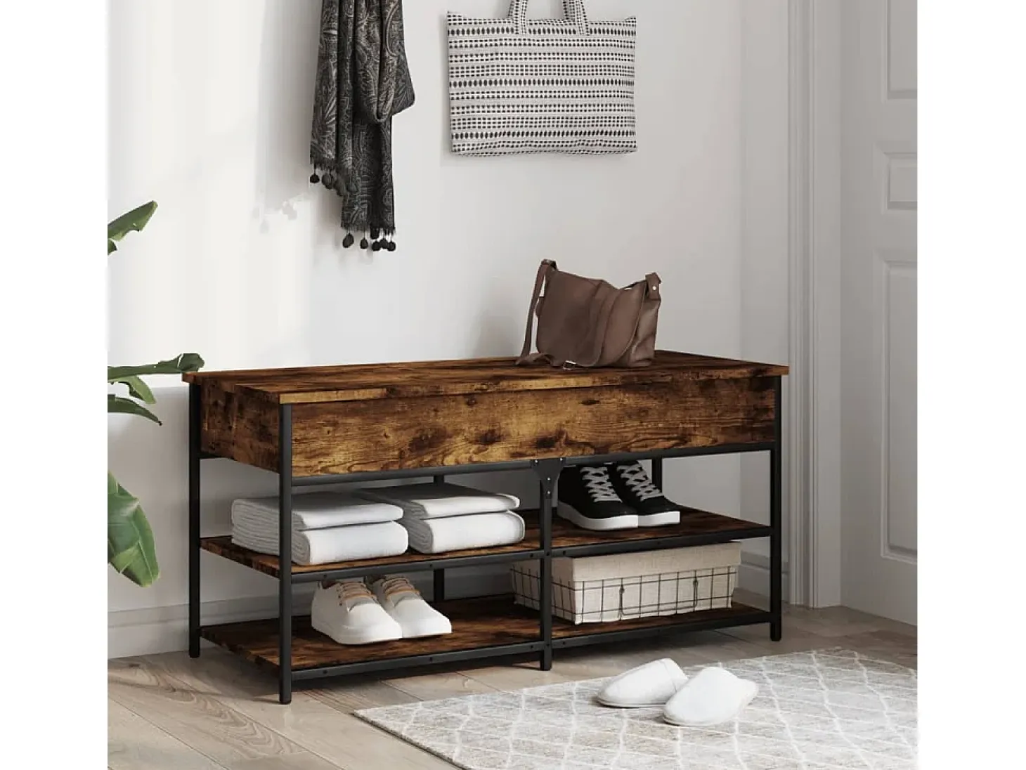 Banco zapatero madera ingeniería roble ahumado 100x42,5x50 cm ES863035