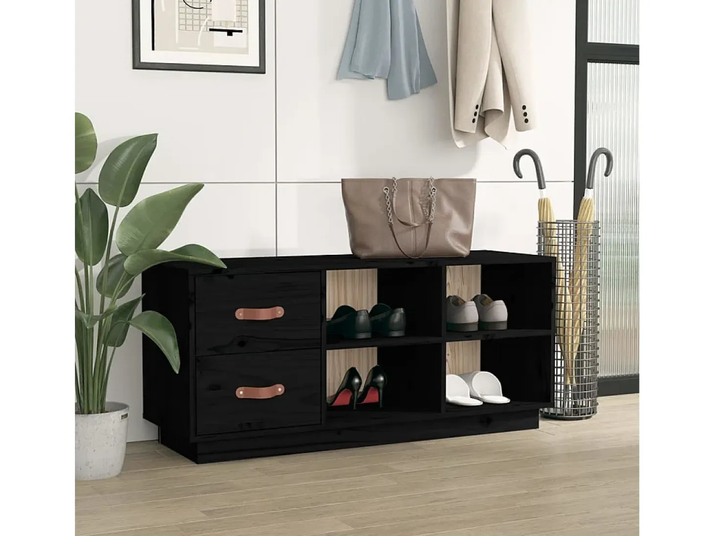 Banco zapatero negro 100x34x45 cm Madera maciza de pino