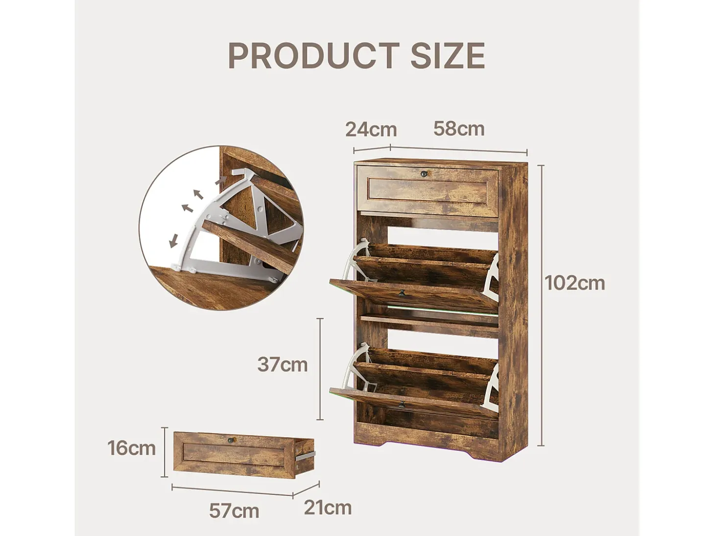 Bealife Mueble zapatero con 2 puertas abatibles y 1 cajón – 58x24x102 cm, Marrón – Estantes regulables en altura, Zapatero moderno y funcional