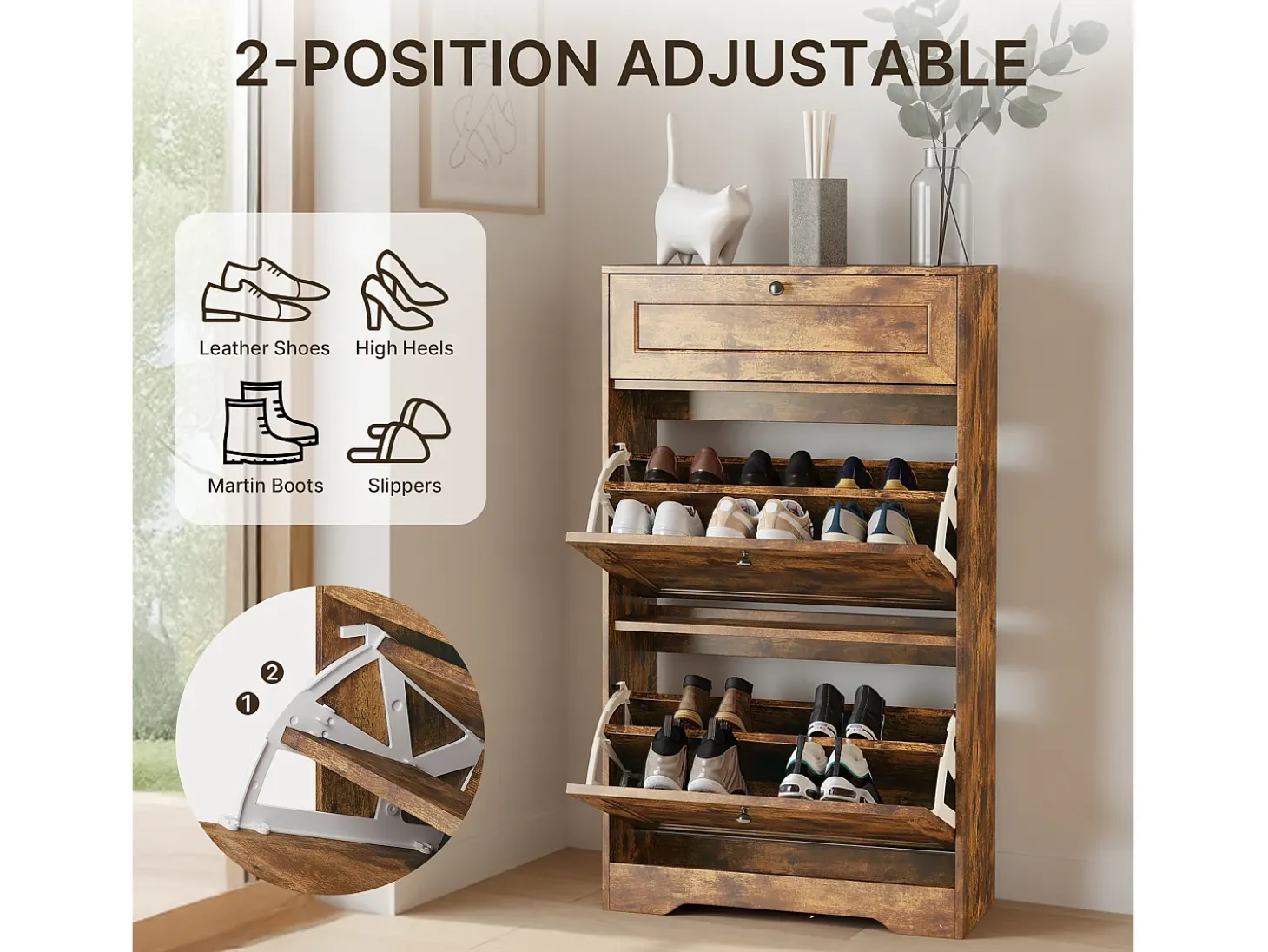 Bealife Mueble zapatero con 2 puertas abatibles y 1 cajón – 58x24x102 cm, Marrón – Estantes regulables en altura, Zapatero moderno y funcional