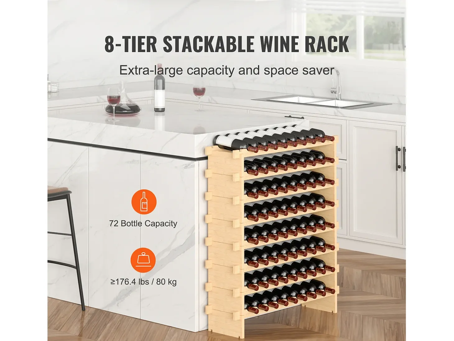 Botellero de Bambú SucceBuy de 8 Niveles para 72 Botellas, Apilable y Modular.