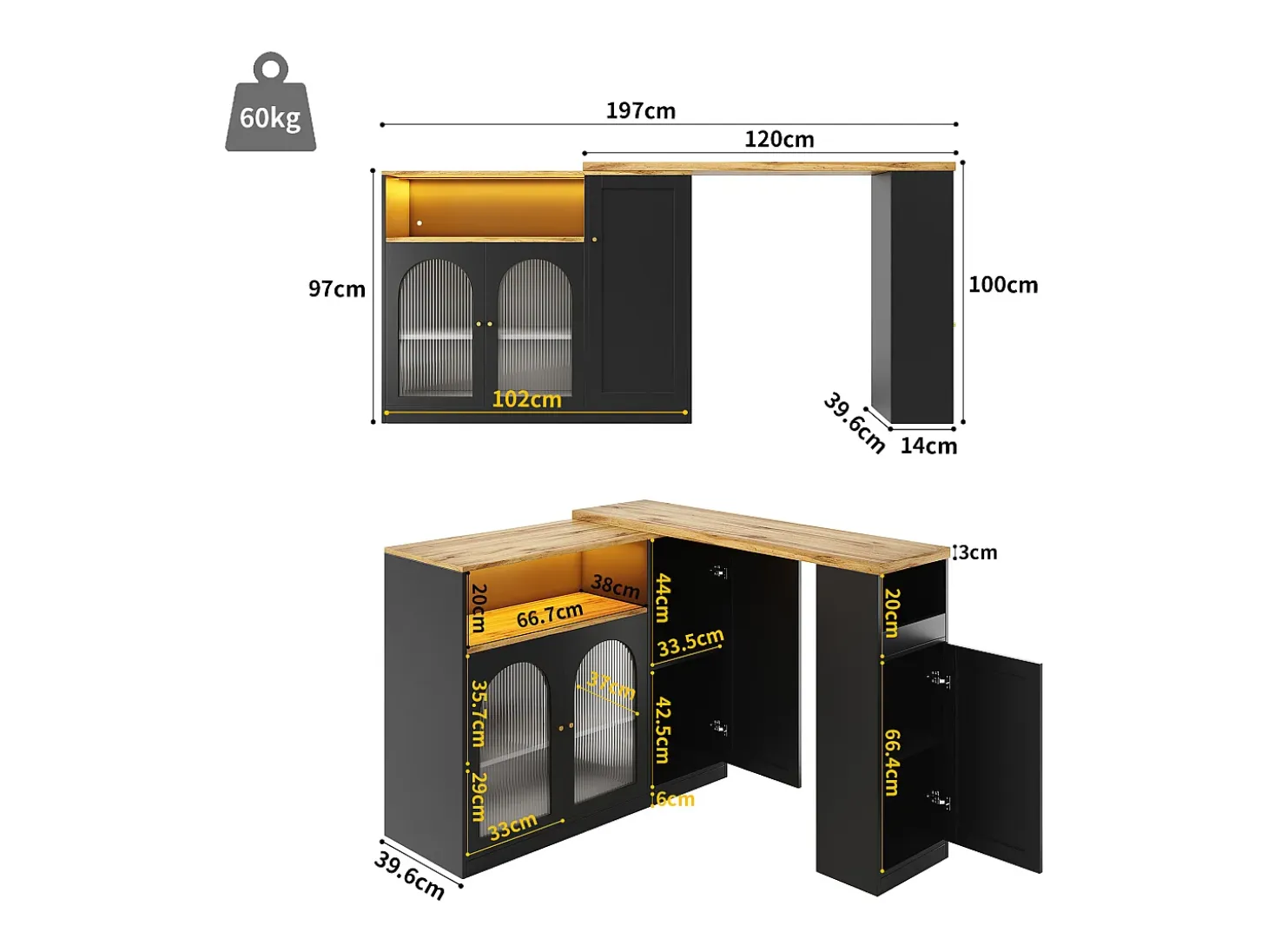 Buffet、Mueble de barra corrediza de MDF - Con LED y gamas varias - Negro